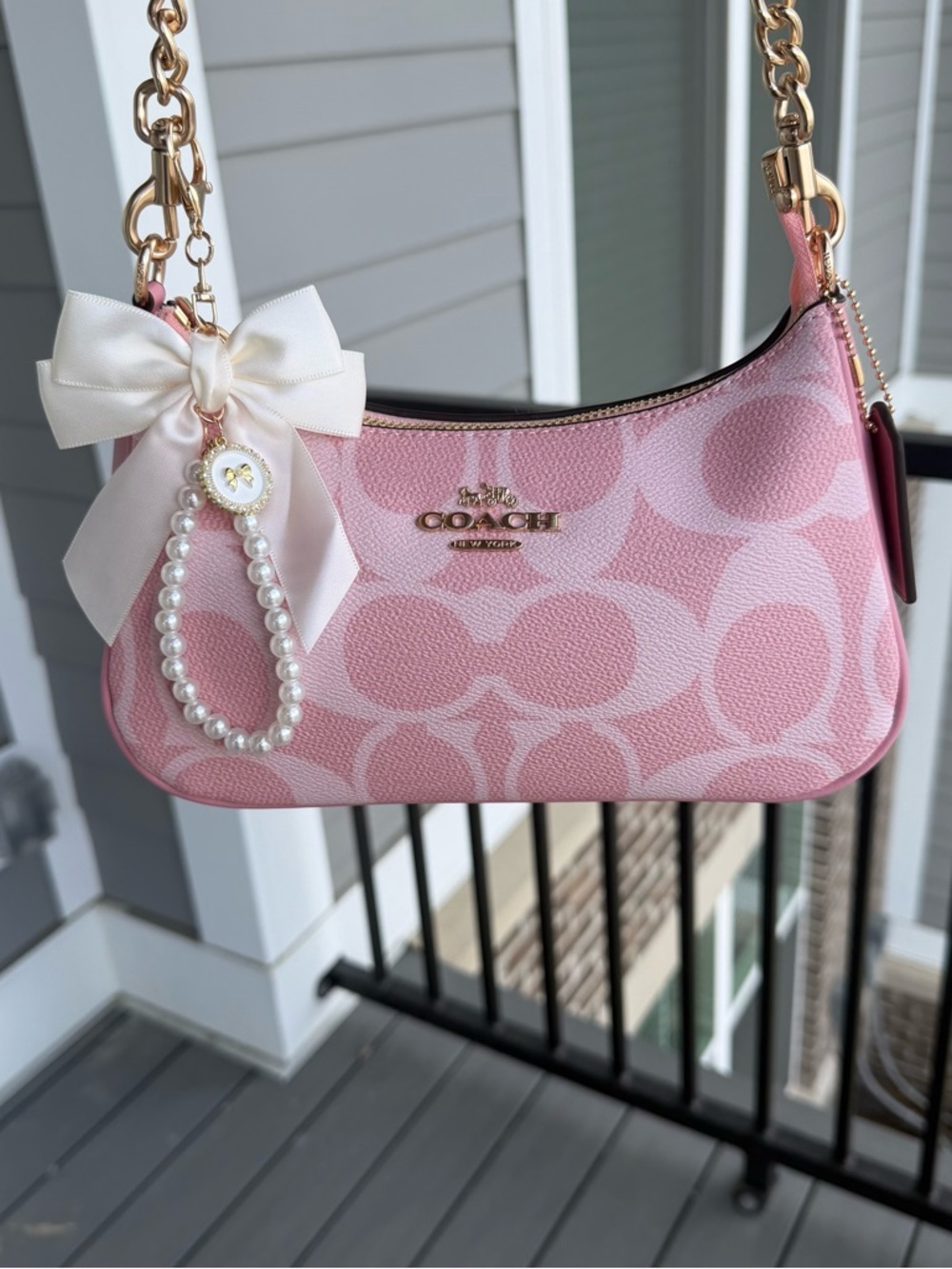 Coach Pink Signature Shoulder Bag with Bow Charm - Picture 2 of 6
